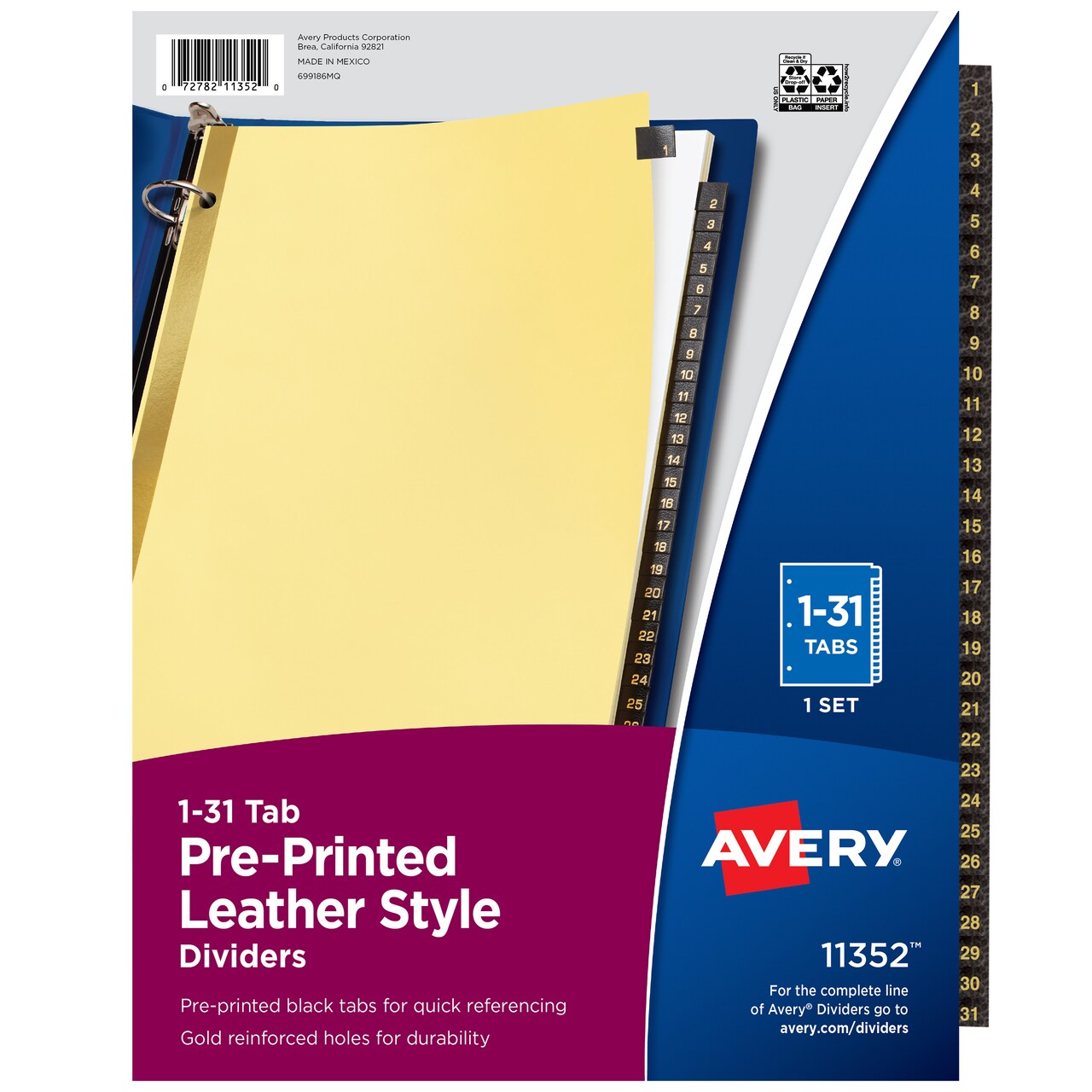 Avery Gold Reinforced Leather Tab Dividers, 31-Tab, 1-31, Letter Size, Black, 31 per Set (11352)